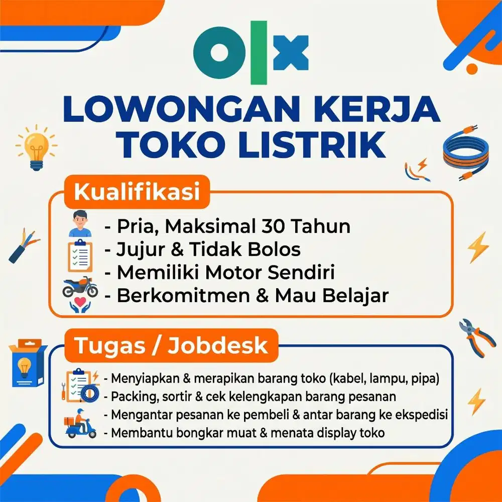 Loker Toko Listrik: Dibutuhkan 2 Pegawai serabutan untuk toko listrik