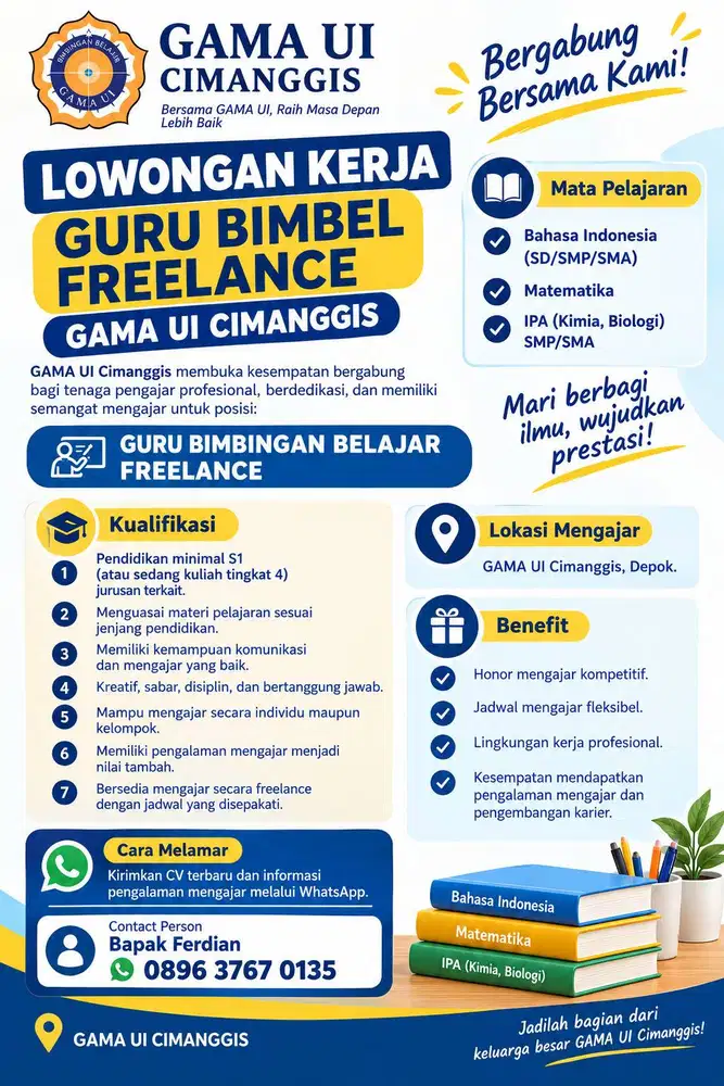 Lowongan guru bimbel freelance SD/SMP/SMA GAMA UI Cimanggis