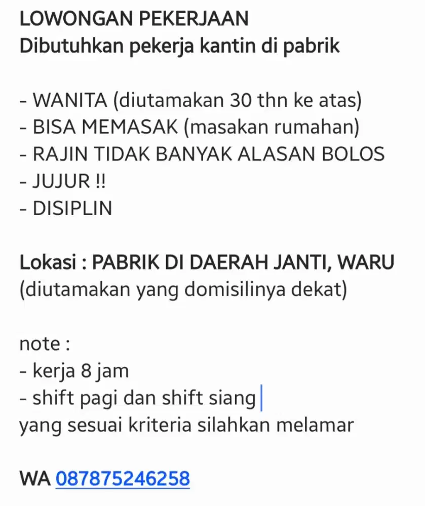DIBUTUHKAN PEKERJA KANTIN