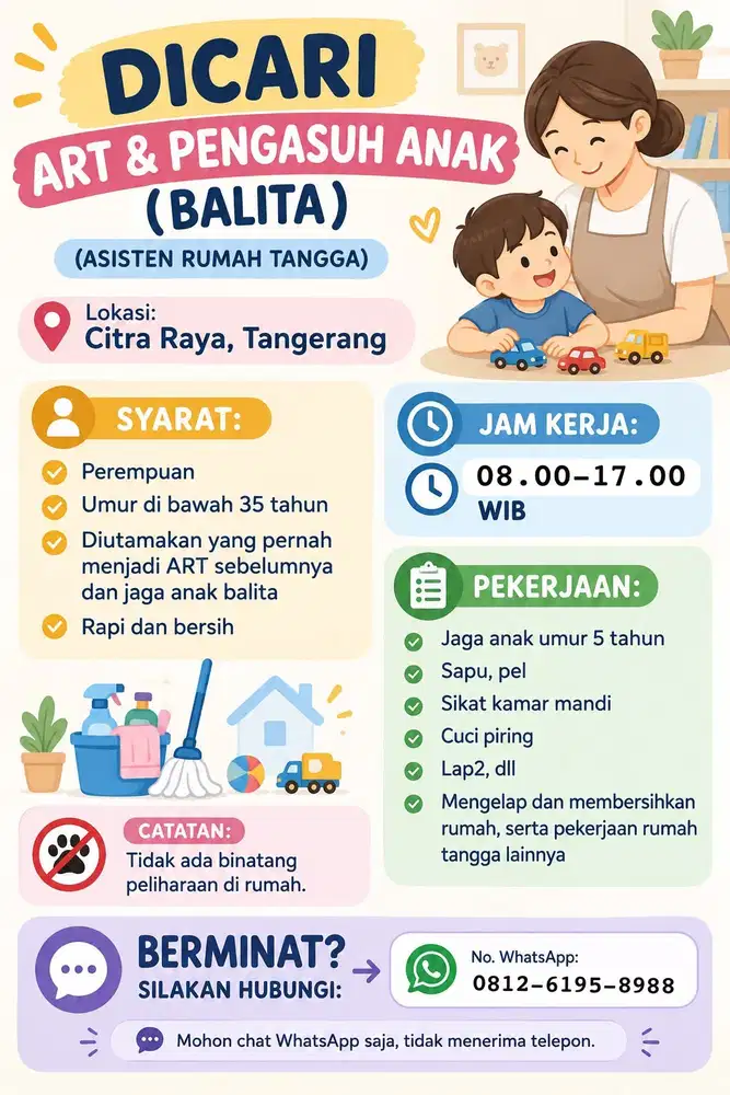 DICARI ART & PENGASUH ANAK BABYSITTER (BALITA)
