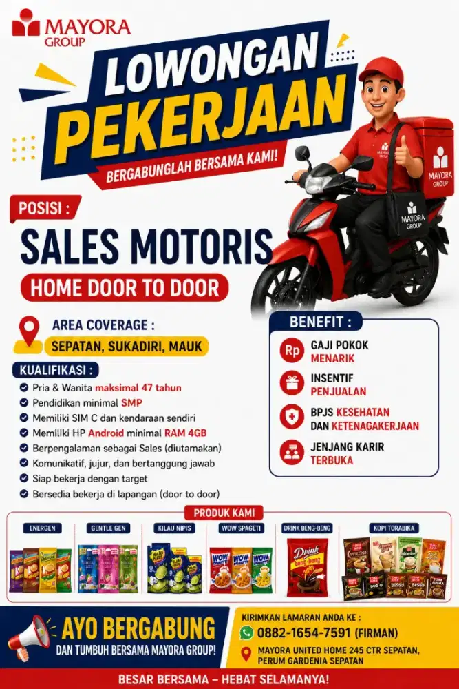 LOWONGAN KERJA SALES MAYORA GROUP MOTORIS DOOR TO DOOR