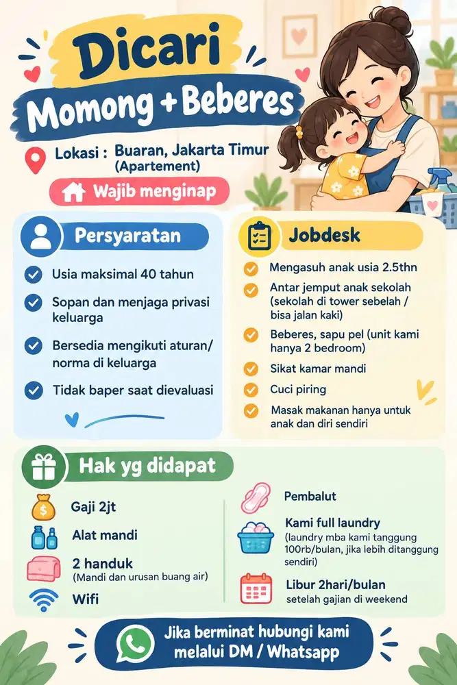 Dicari Momong+Beberes di Buaran, Jakarta Timur (Wajib Menginap)