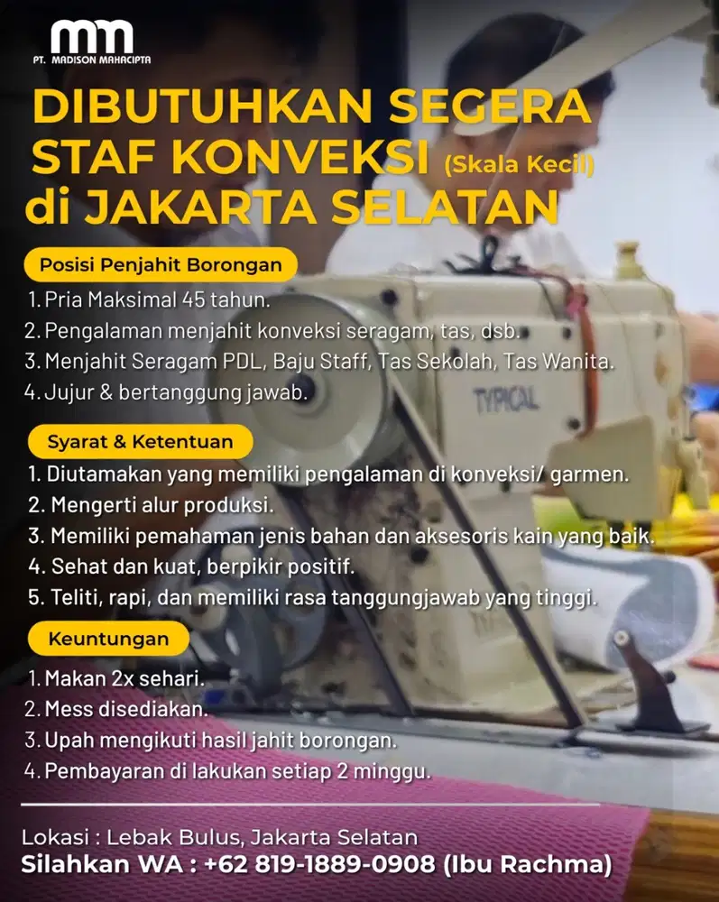 Dibutuhkan Segera Penjahit Borongan Konveksi