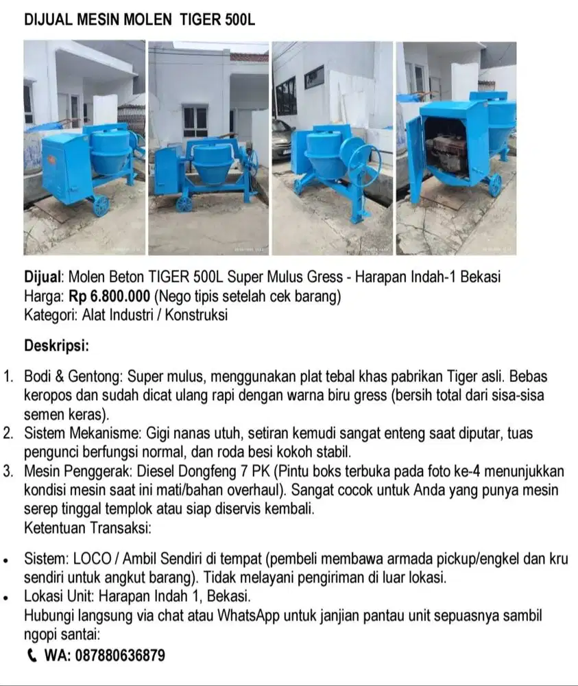 Mesin Molen Tiger 500L - Second