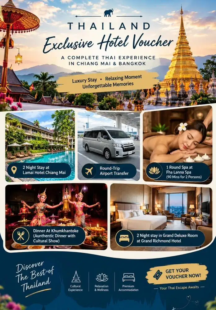 VOUCHER HOTEL+AIRPORT TRANSFERS+ SPA+ DINNER (THAILAND BANGKOK)