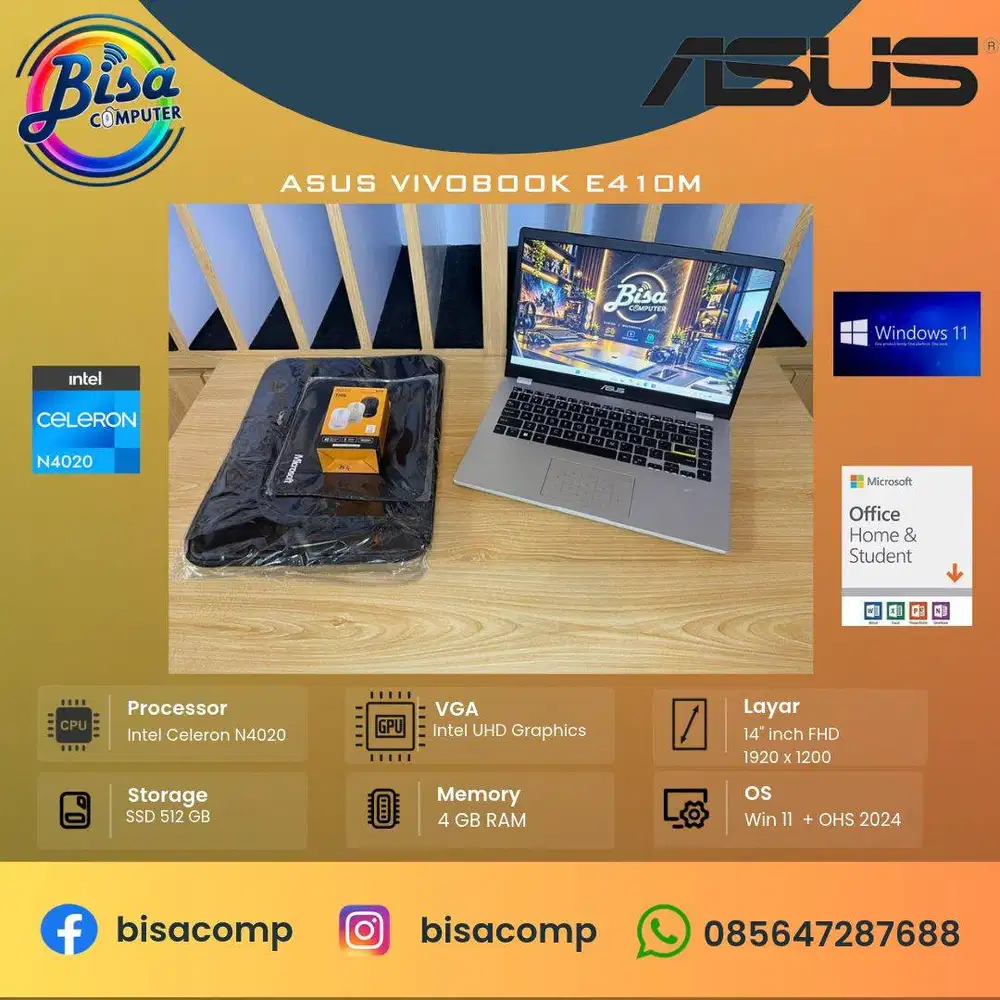 Asus Vivobook E410M Intel N4020 SSD 512gb Ram 4gb 14inchFHD