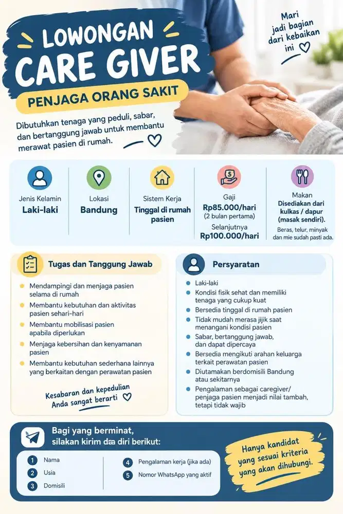 LOWONGAN CAREGIVER/PENJAGA ORANG SAKIT – LAKI-LAKI – LIVE IN