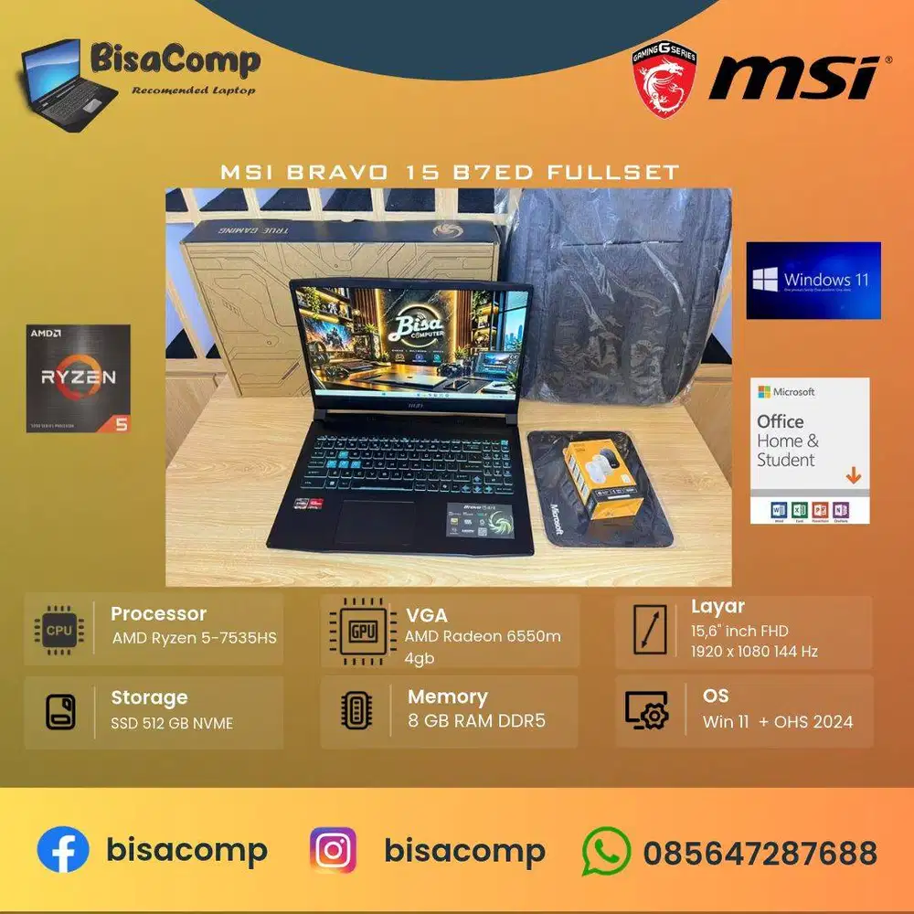 Msi Bravo 15 B7ED AMD Ryzen 5-7535HS SSD 512gb Ram 8gb 15,6inchFHD