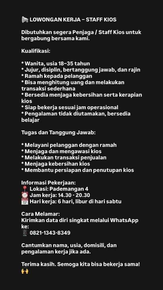 Di Cari Penjaga Kios / Staff Kios
