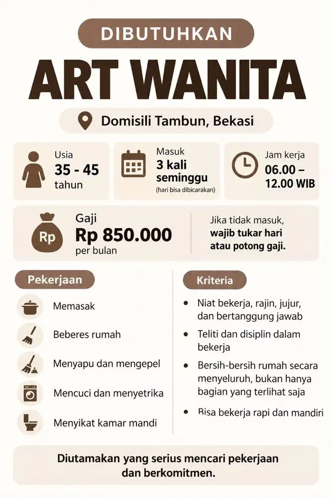 Di Cari ART Lokasi Tambun Masuk 3 X dalam Seminggu