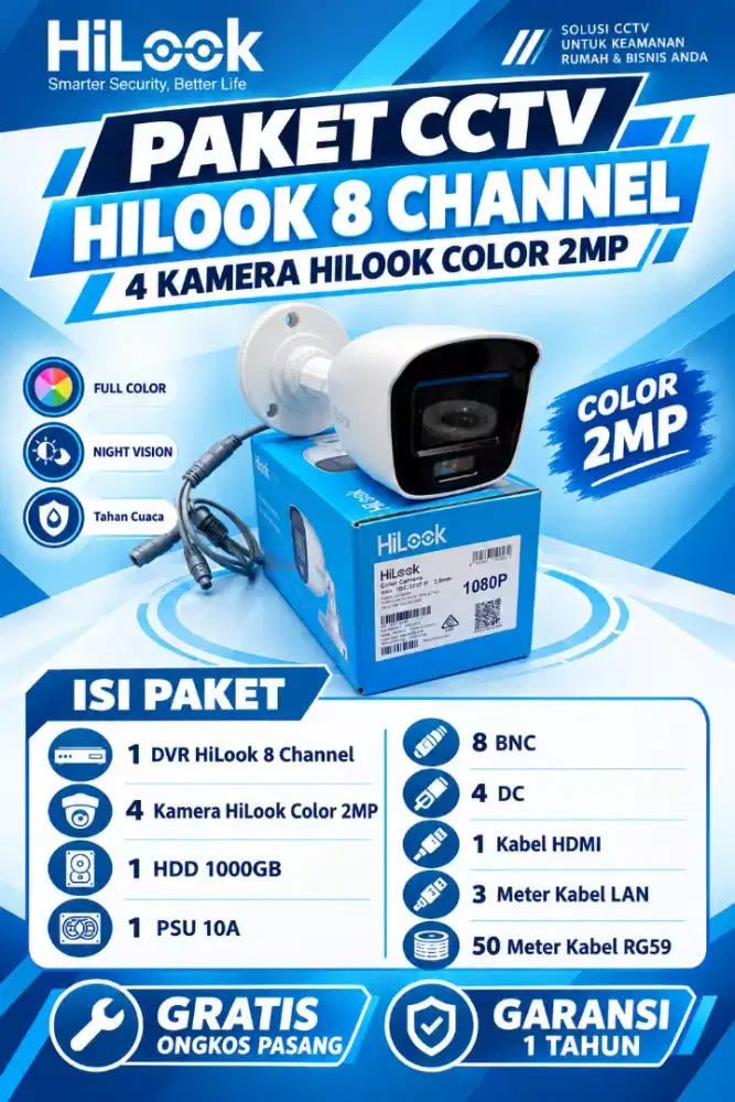 paket cctv hilook 8 channel 4 kamera colorvu 2mp