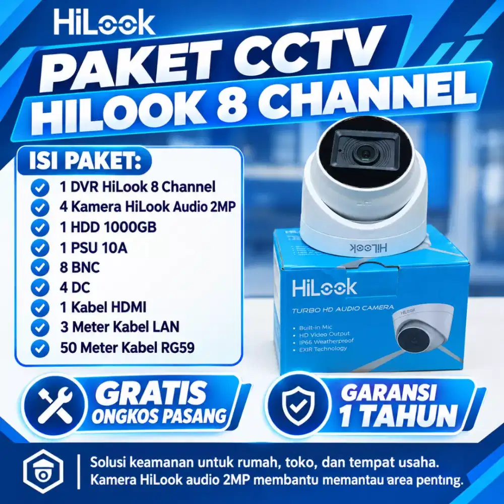 paket cctv hilook 8 channel 4 kamera audio 2mp