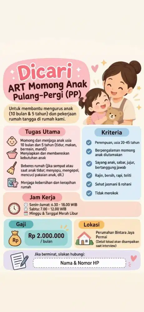 Majikan langsung. Dicari ART Momong