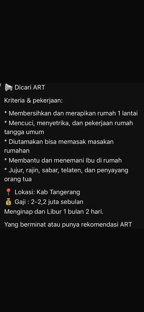 LOKER UNTUK ART / PEMBANTU RUMAH TANGGA
