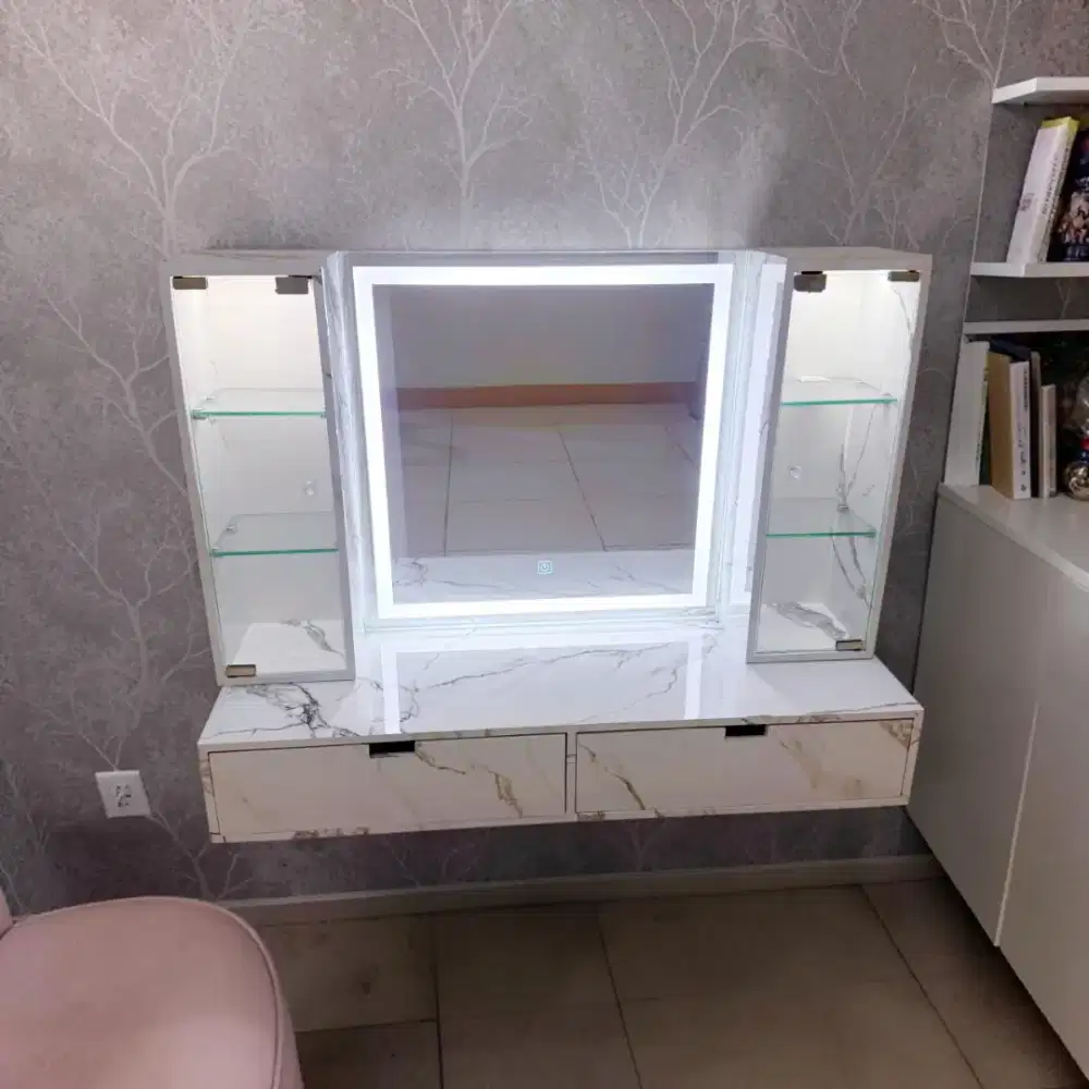 100x35 Meja Rias Gantung Touchscreen Lampu 3 Warna Cermin Rias