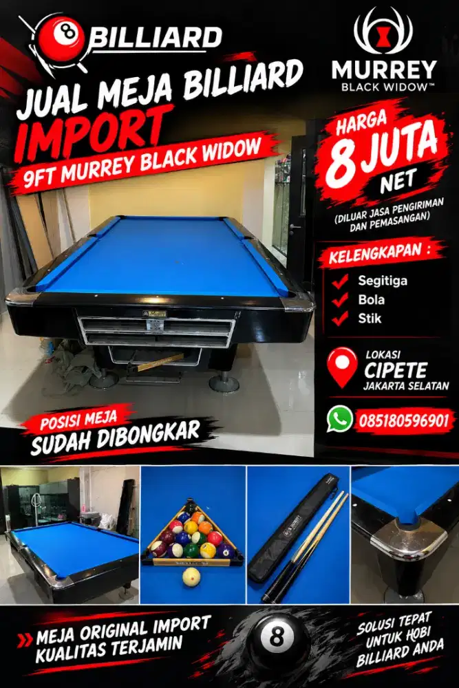 Jual meja billiard 9ft import murrey black Widow