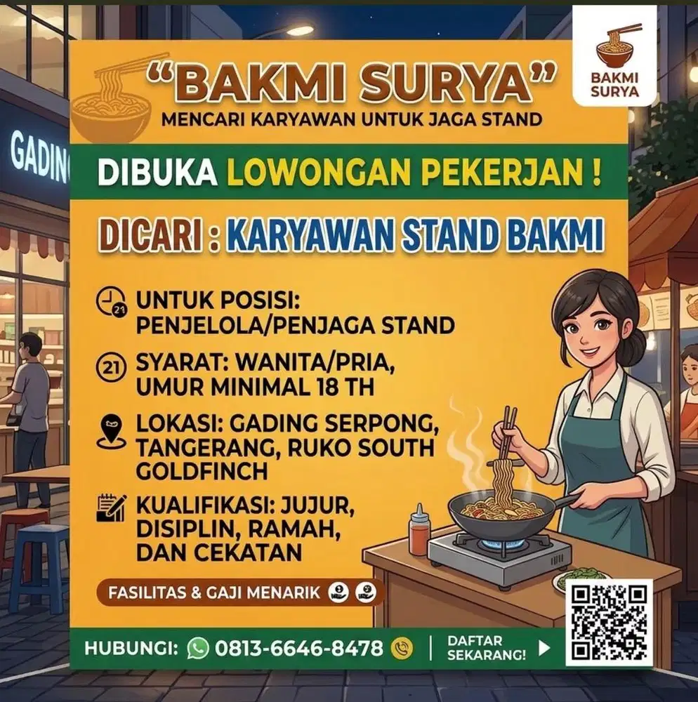 Dicari Karyawan untuk jaga stand bakmi