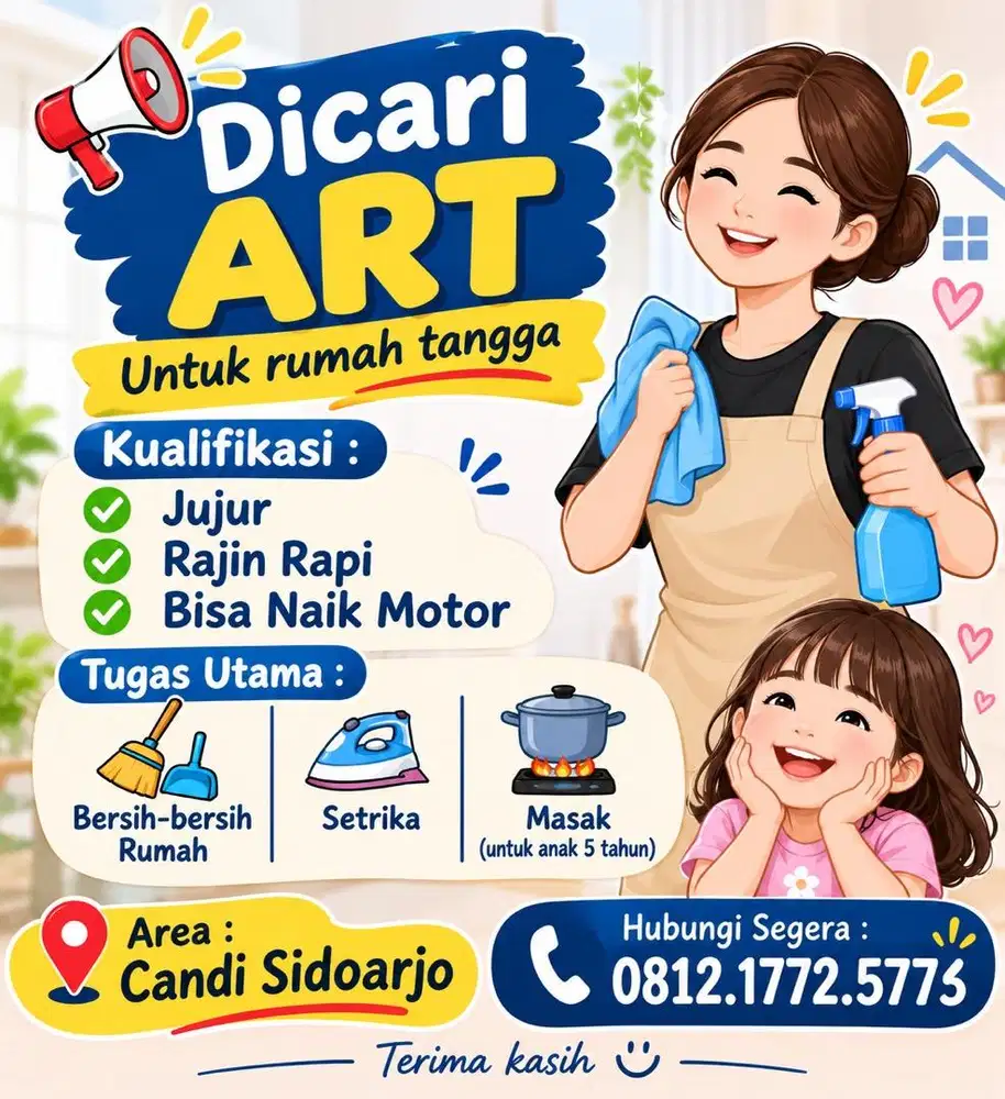 DICARI ART (ASISTEN RUMAH TANGGA) – AREA CANDI, SIDOARJO