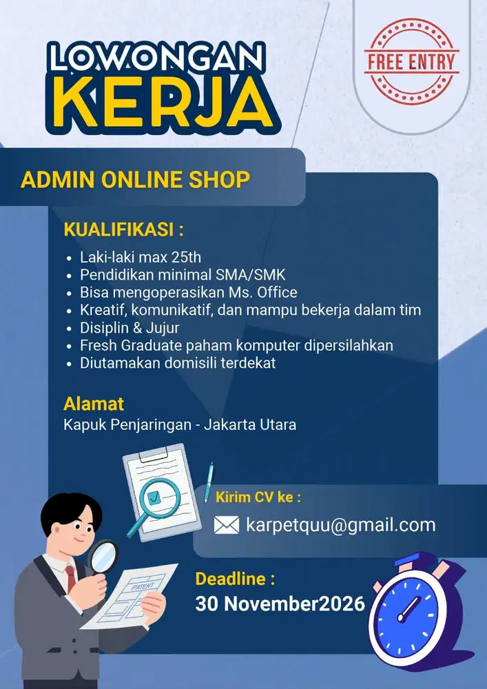 Dibutuhkan Segera Admin OnlineShop Pria