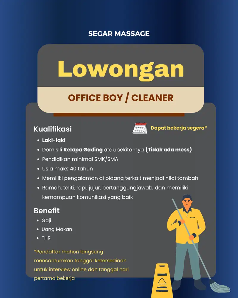 (BUTUH SEGERA) OFFICE BOY / CLEANER UNTUK MASSAGE