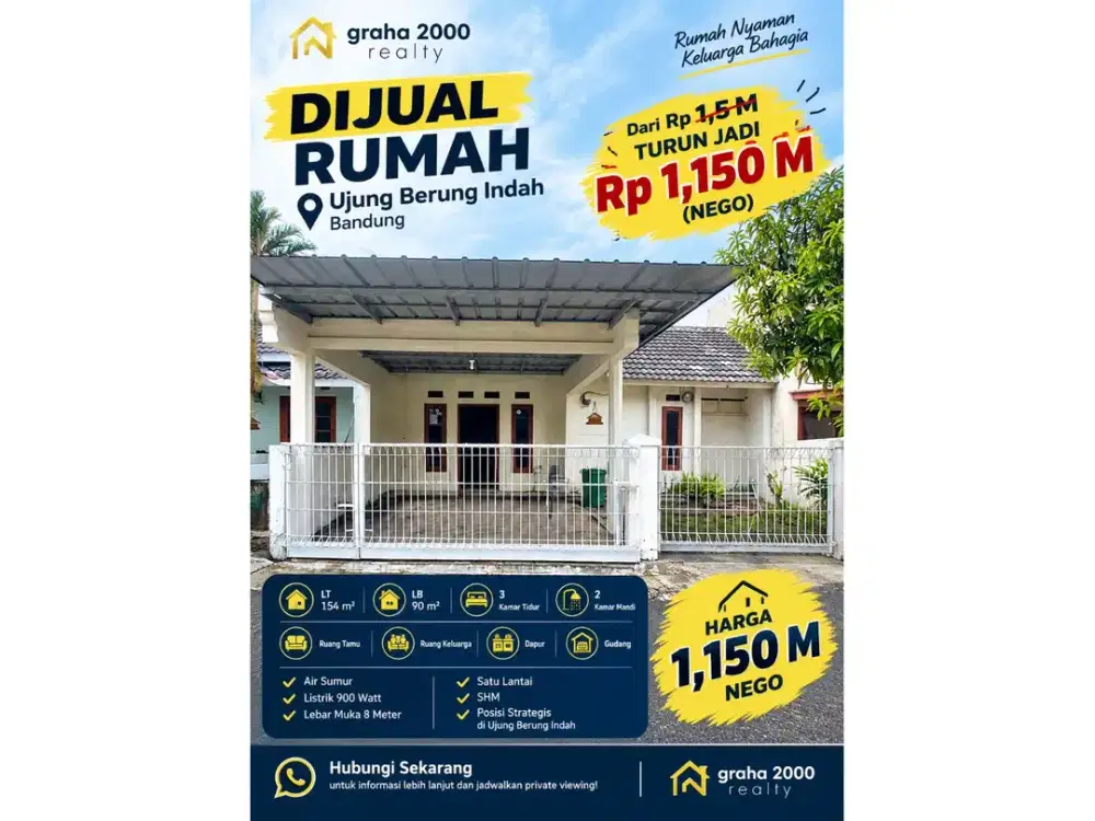 Harga Turun! Dijual Rumah 1 Lantai Ujung Berung Indah Bandung LT 154 m² SHM Harga 1,15 Miliar Nego