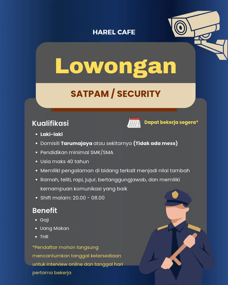 (BUTUH SEGERA) SECURITY / SATPAM UNTUK SHIFT MALAM
