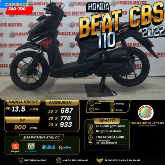 HONDA BEAT CBS 2022 PLAT JAKARTA BISA CASH DAN KREDIT KM MASIH RENDAH