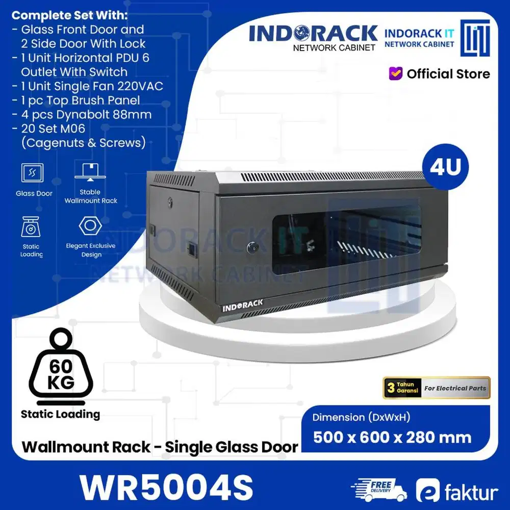 Wallmount Rack INDORACK Single Door Rack Server 4U Depth 500mm WR5004S