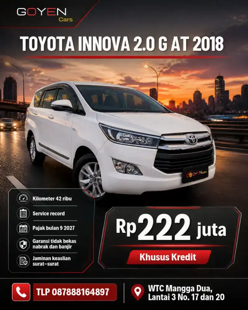 km 42 ribu TOYOTA INNOVA REBORN 2.0 G AT 2018 KONDISI ISTIMEWA