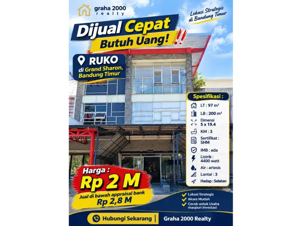 Dijual Cepat Ruko 3 Lantai Grand Sharon Bandung Timur Harga 2 Miliar di Bawah Appraisal Bank