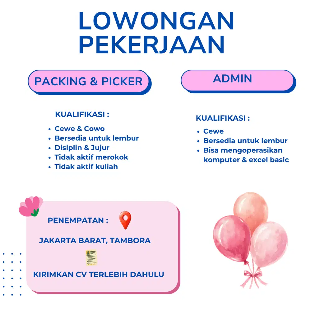 Lowongan Kerja - Staff Packing, Picker, Admin Olshop