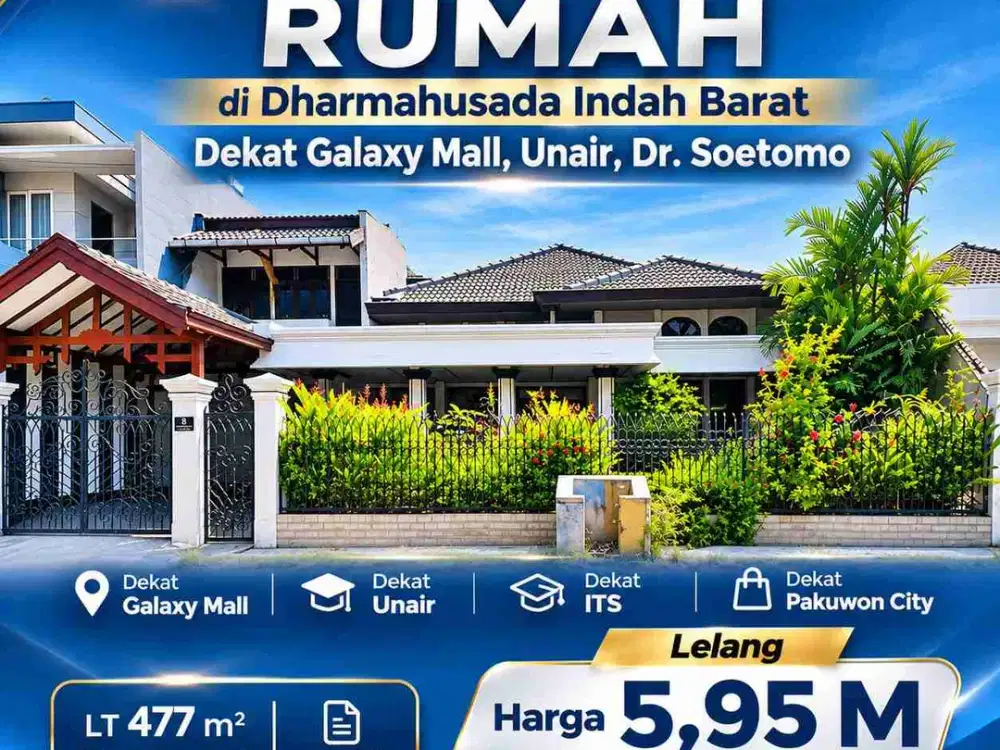 Dijual Murah Lelang Rumah di Dharmahusada Indah Barat dekat Galaxy Mall, Unair, Dr.Soetomo