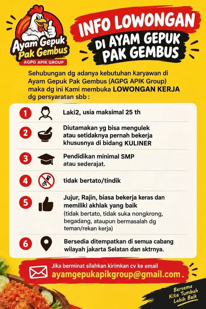 Lowongan kerja ayam gepuk pak gembus Apik Group