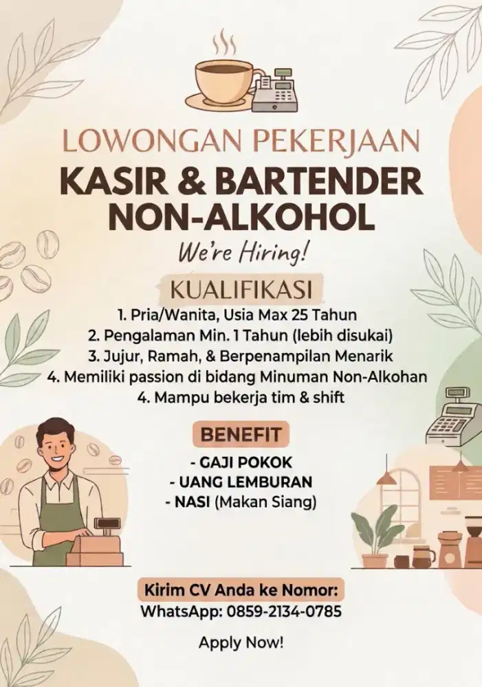 LOKER KASIR & BARTENDER NON ALKOHOL