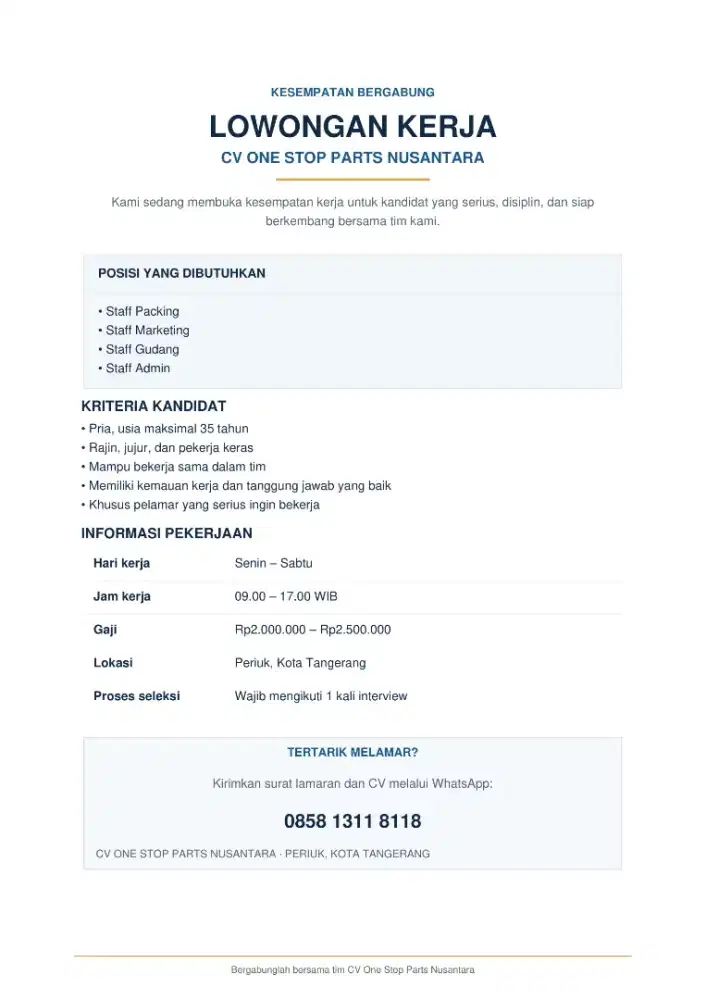 Dibutuhkan staff admin toko online di Periuk kota tangerang