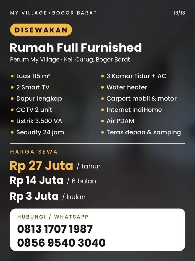 Disewakan Rumah Full Furnished 3KT My Village Curug Bogor Barat