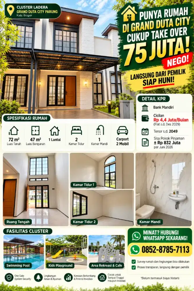 (DIJUAL CEPAT) TAKE OVER  KPR Rumah Grand Duta City Parung LT72