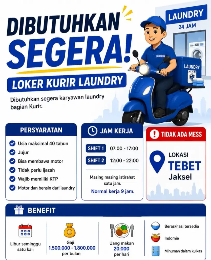Dibutuhkan kurir laundry di tebet