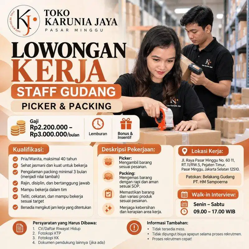 LOWONGAN PEKERJAAN STAFF GUDANG PICKER & PACKING PASAR MINGGU JAKSEL