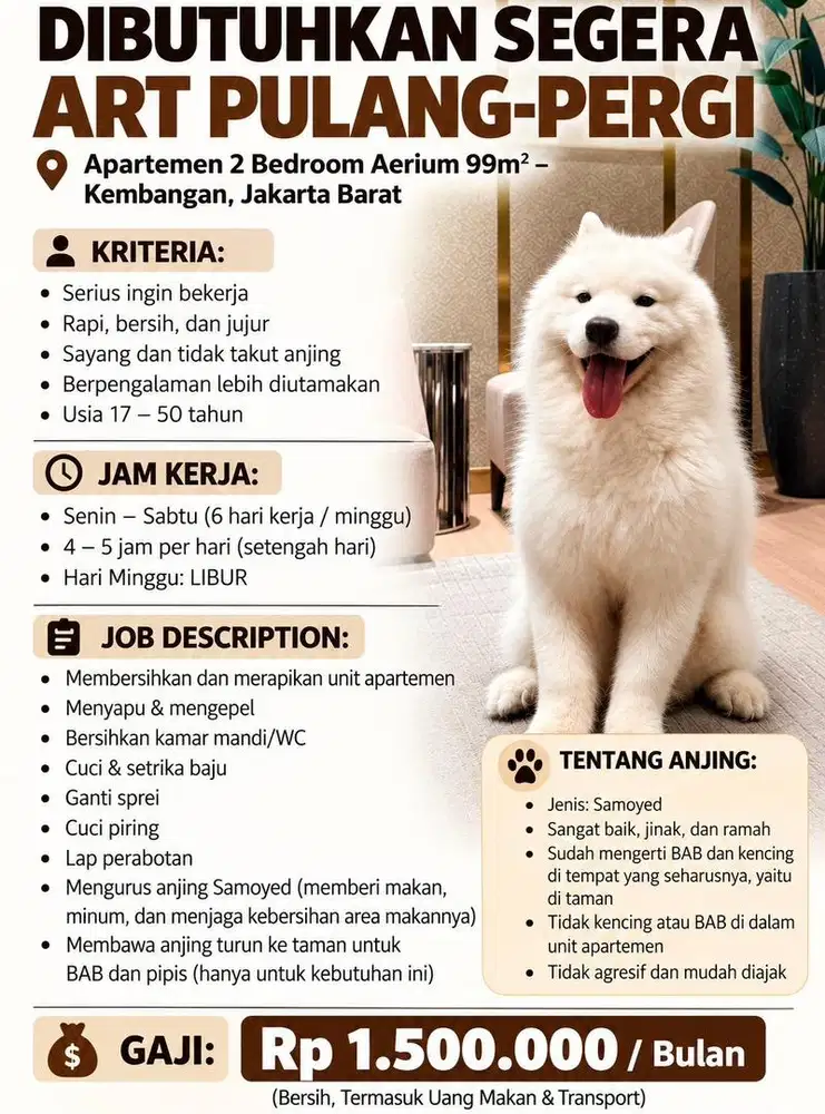 Dibutuhkan segera ART Pulang Pergi di daerah Kembangan, Jakarta Barat