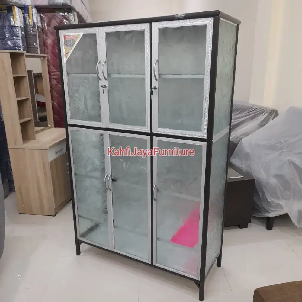 [COD] Lemari Dapur Rak Piring Boks Aluminium Tebal Kokoh 3 Pintu Kaca