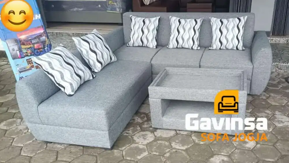 Premium Sofa L Putus Monaco, 1 set meja, Kain Canvas , Garansi 2 Tahun