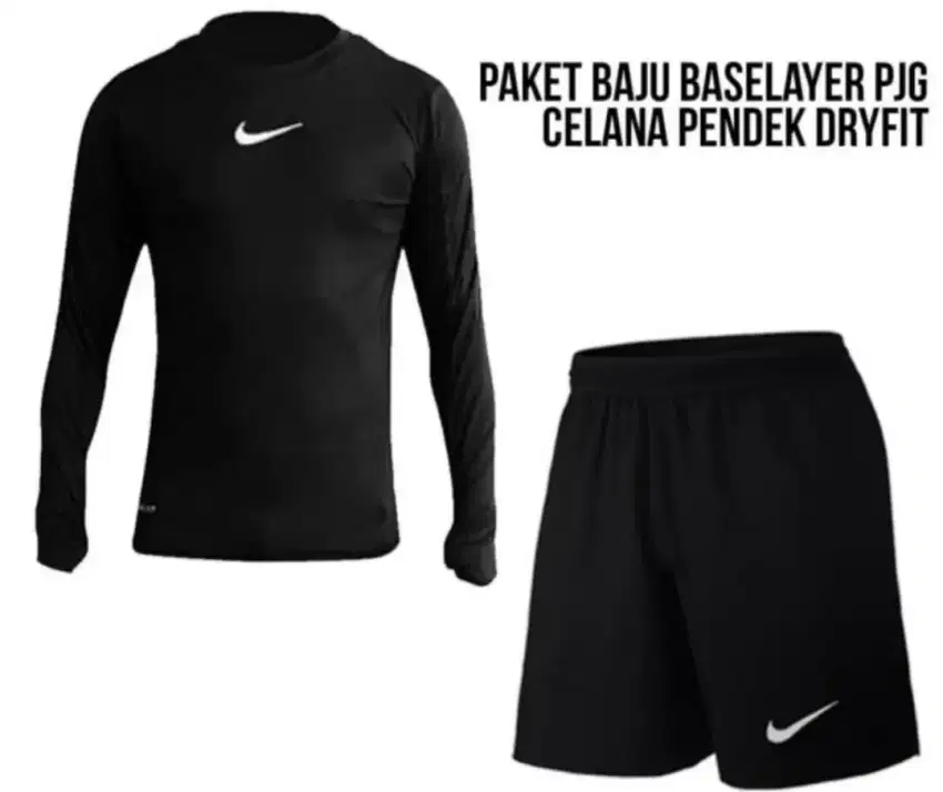 Man set Baselayer lengan panjang dan celana olahraga pendek