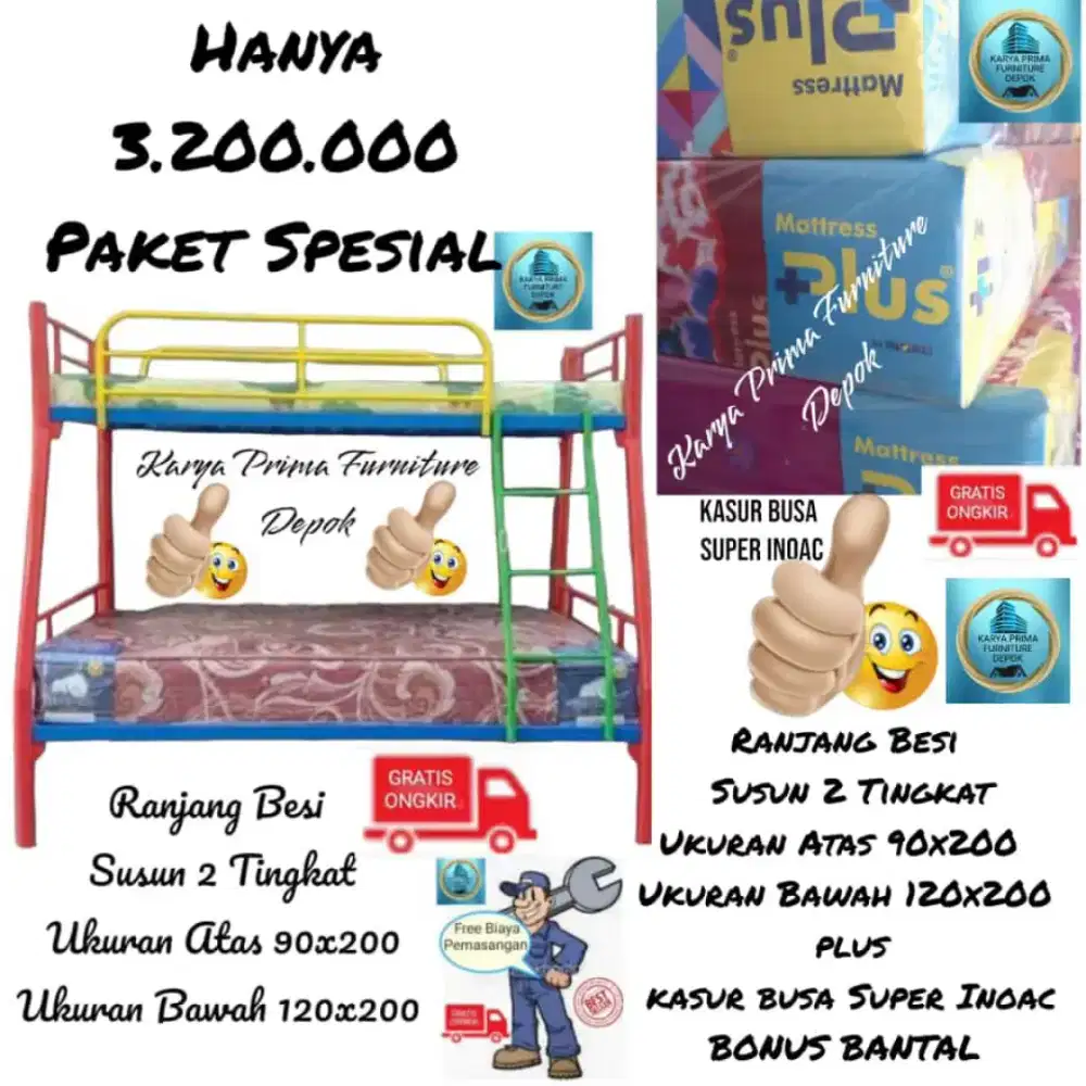 Ranjang Besi Susun 2 Tingkat Ukuran atas90x200bawah120x200+2Kasur Busa