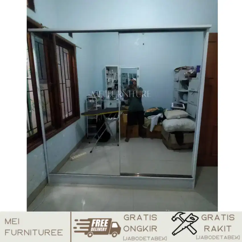 Lemari pakaian sliding door 2 pintu full cermin frameless - sleding