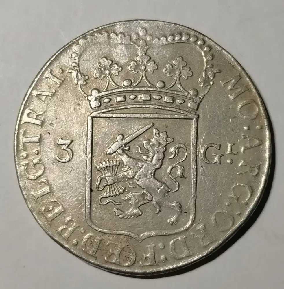 Koin Belanda, Netherlands, 3 G 1793, UTRECHT, Patung Pillar Pallais