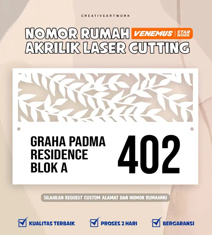 PAPAN NOMOR RUMAH BERKUALITAS AKRILIk CUTTING DAUN 30 x 20 cm CUSTOM