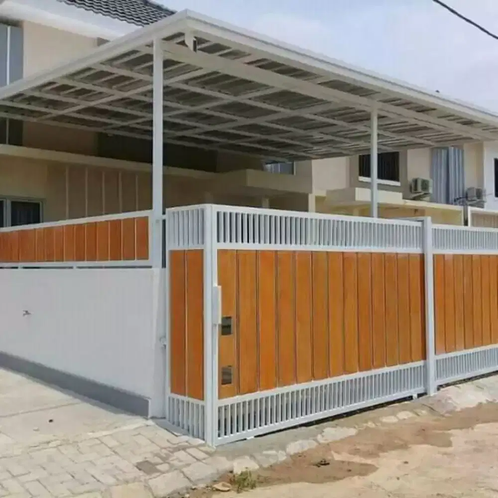 Pintu pager rumah minimalis wotplank GRC motif kayu