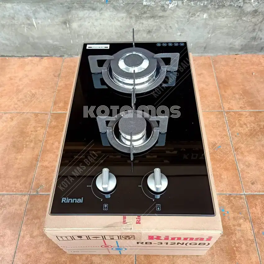 Kompor Gas Tanam 2 Tungku Kaca Rinnai RB312NGB Tempered Glass Stove