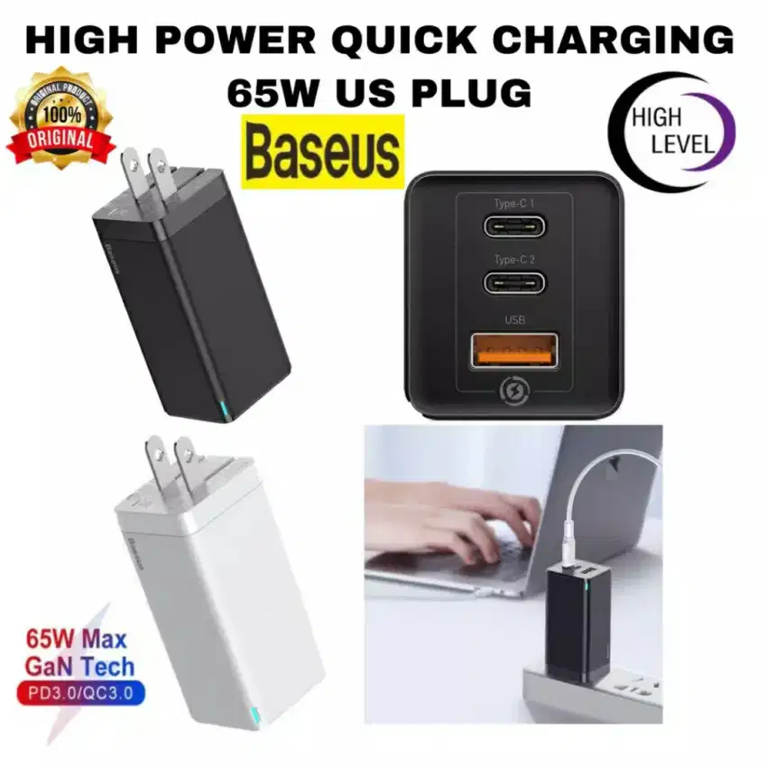 Adapter charger Baseus 65w PD 3.0 Dual Port Type-C + USB